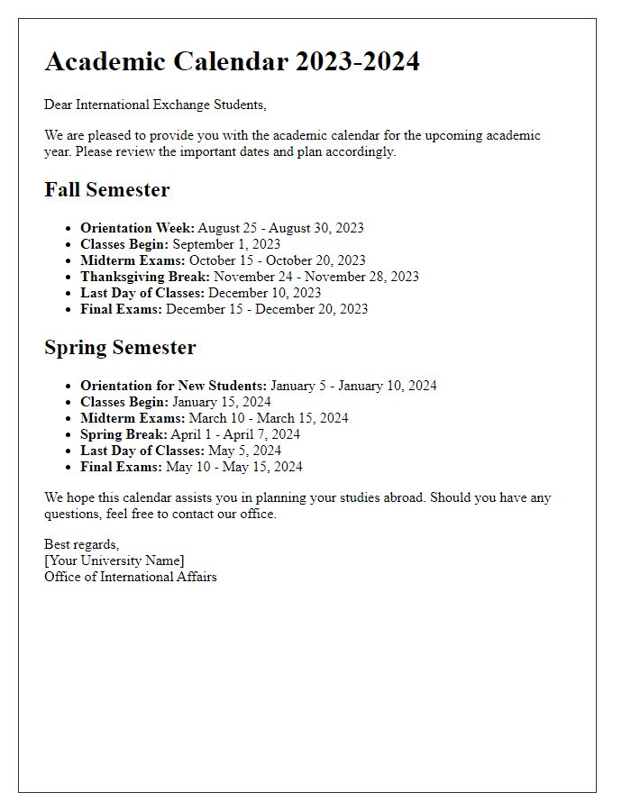 Letter template of academic calendar for international exchange students.