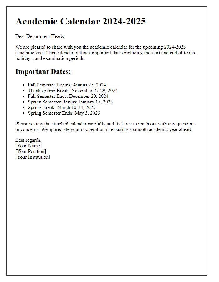 Letter template of academic calendar sharing with department heads.