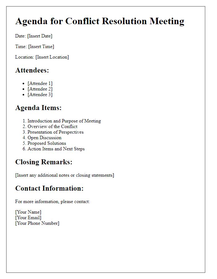 Letter template of agenda for university conflict resolution meeting