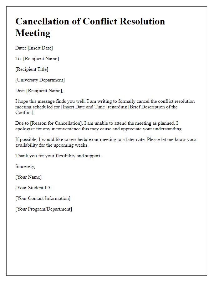 Letter template of cancellation for scheduled university conflict resolution meeting