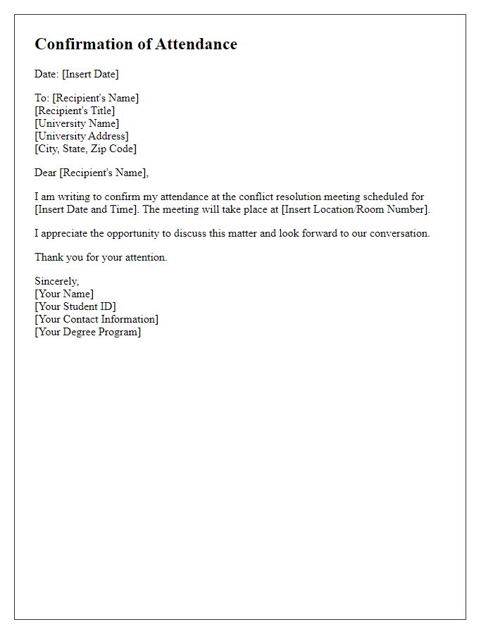 Letter template of confirmation for university conflict resolution meeting attendance