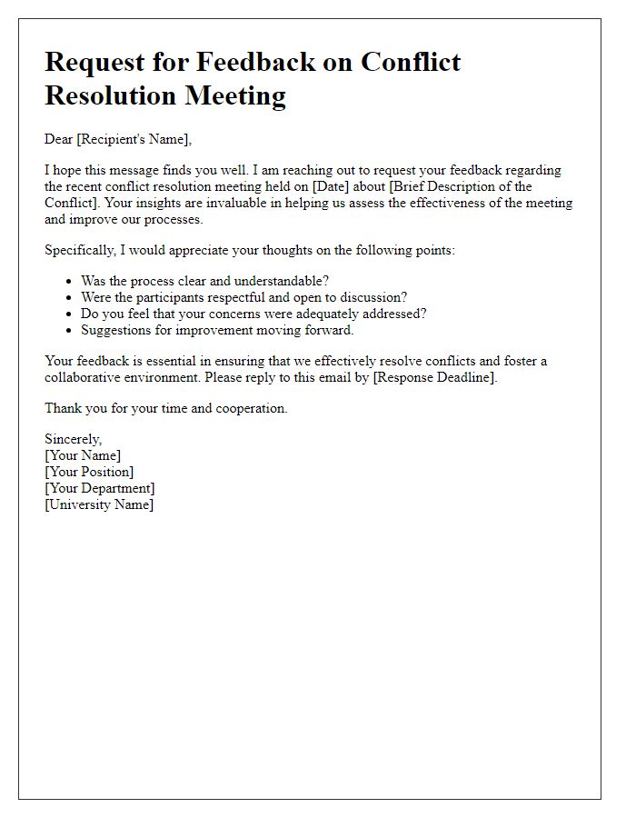 Letter template of feedback request for university conflict resolution meeting