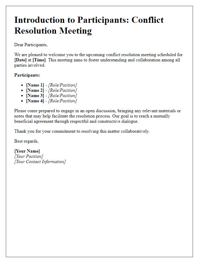 Letter template of introduction for university conflict resolution meeting participants