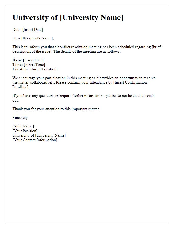 Letter template of notification for upcoming university conflict resolution meeting