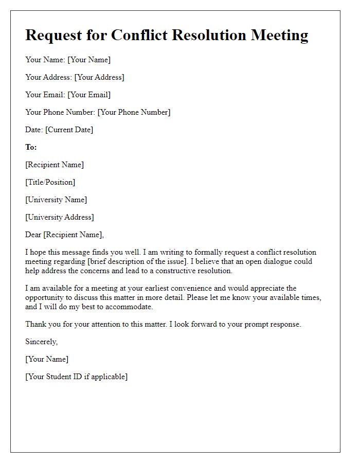 Letter template of request for university conflict resolution meeting