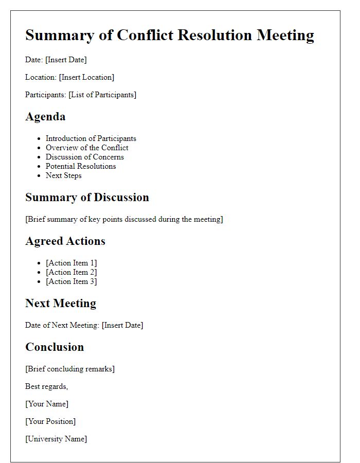 Letter template of summary from university conflict resolution meeting