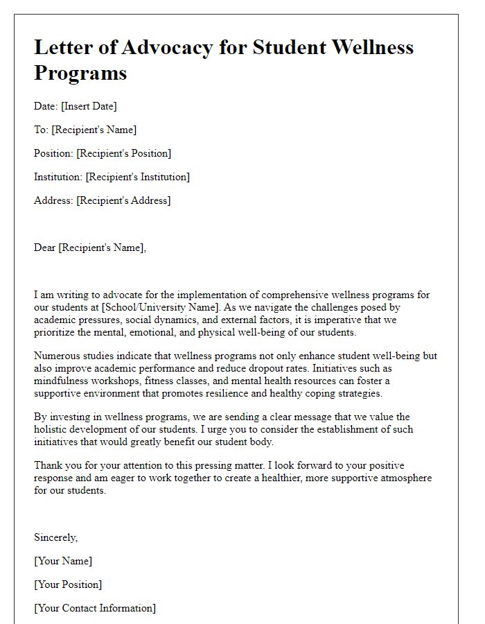 Letter template of advocating for wellness programs for students