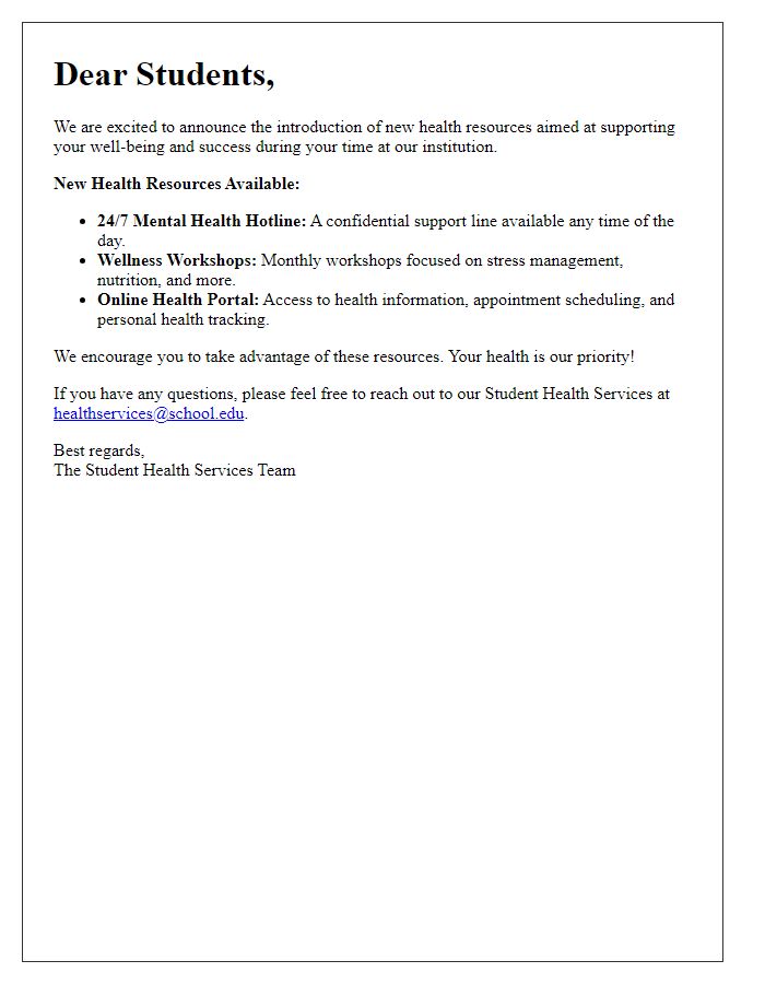 Letter template of introducing new student health resources