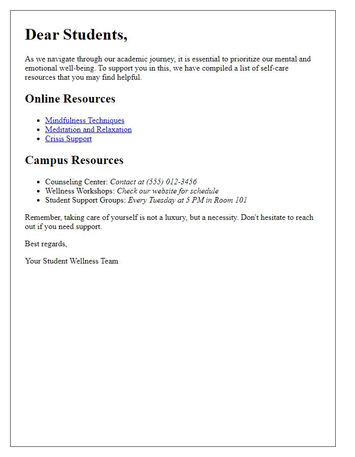 Letter template of sharing self-care resources for students