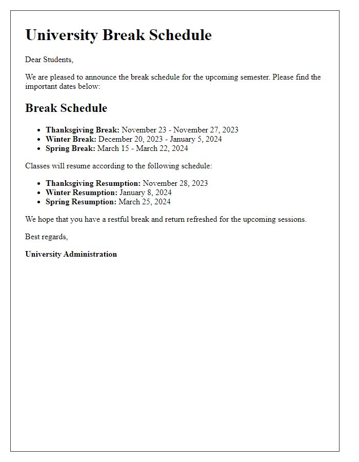 Letter template of university break schedule for students