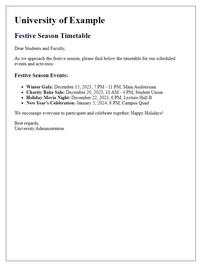 Letter template of university festive season timetable