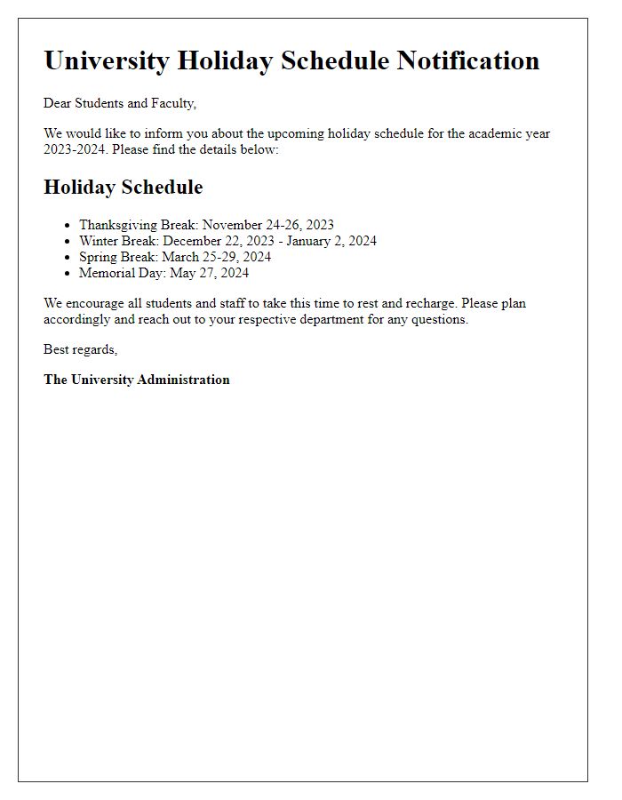 Letter template of university holiday schedule notification