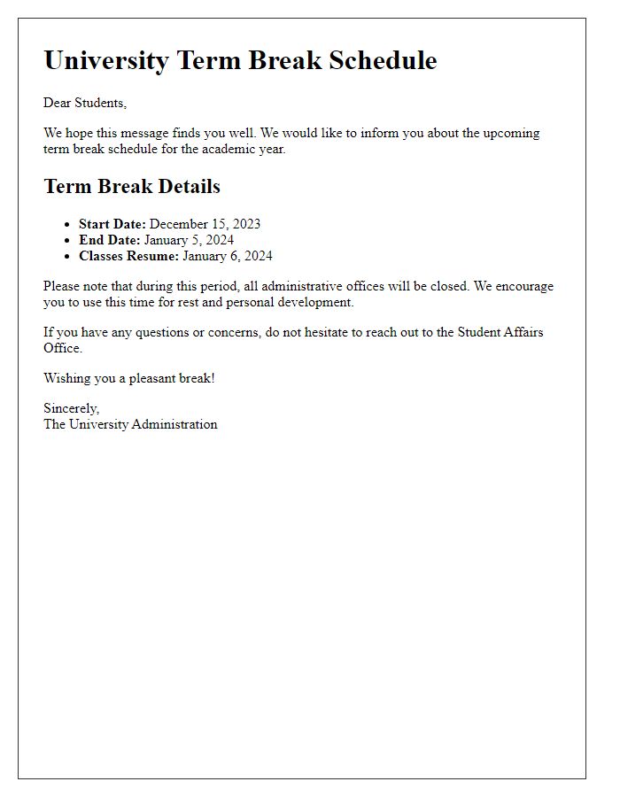 Letter template of university term break schedule communication