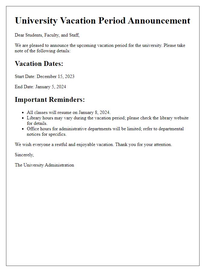 Letter template of university vacation period announcement