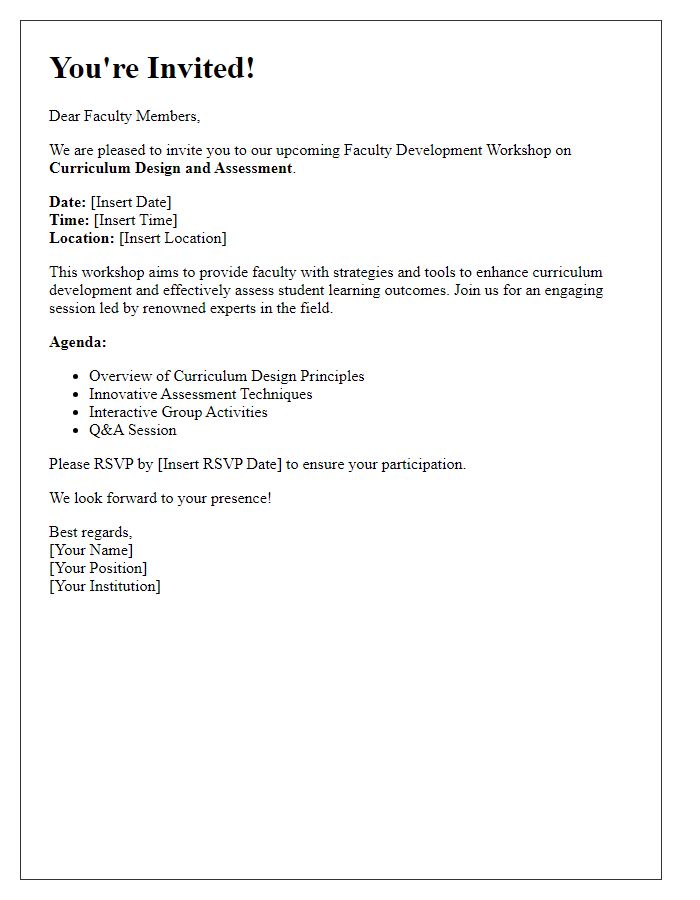 Letter template of Faculty Development Workshop Invitation for Curriculum Design and Assessment