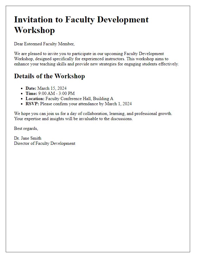 Letter template of Faculty Development Workshop Invitation for Experienced Instructors