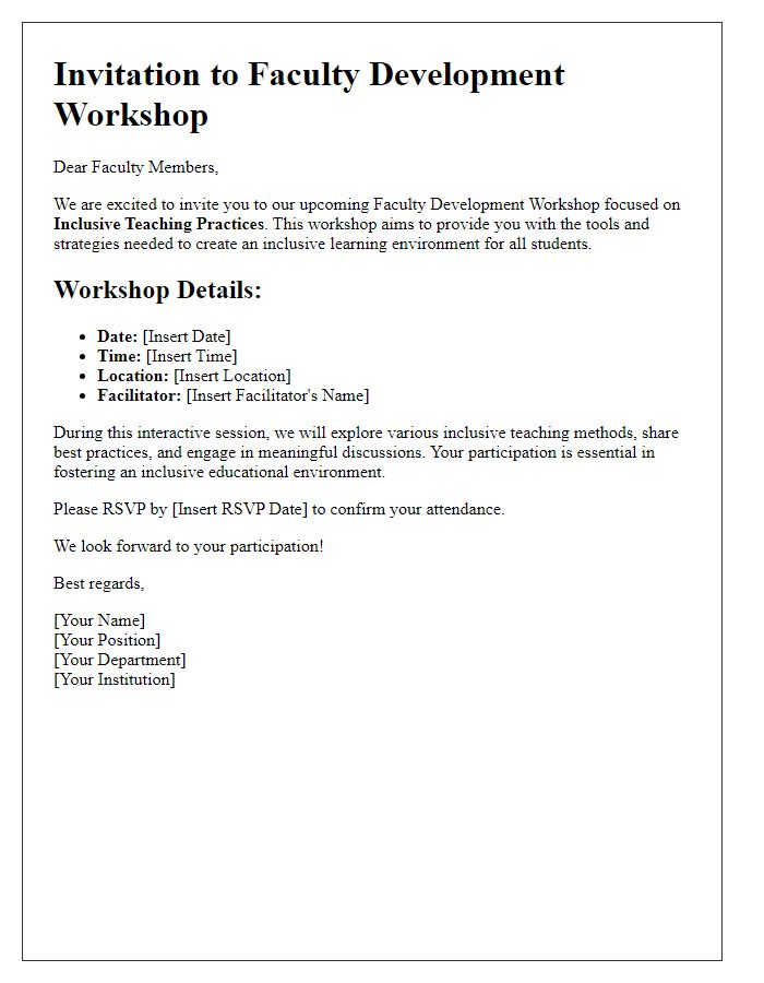 Letter template of Faculty Development Workshop Invitation on Inclusive Teaching Practices