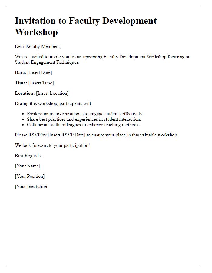 Letter template of Faculty Development Workshop Invitation for Student Engagement Techniques