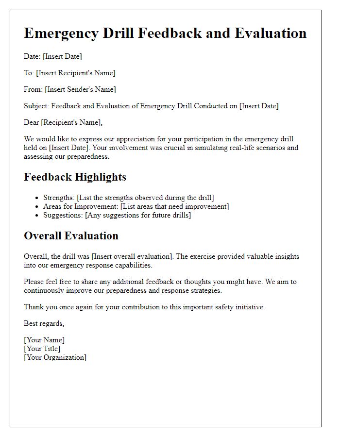 Letter template of emergency drill feedback and evaluation