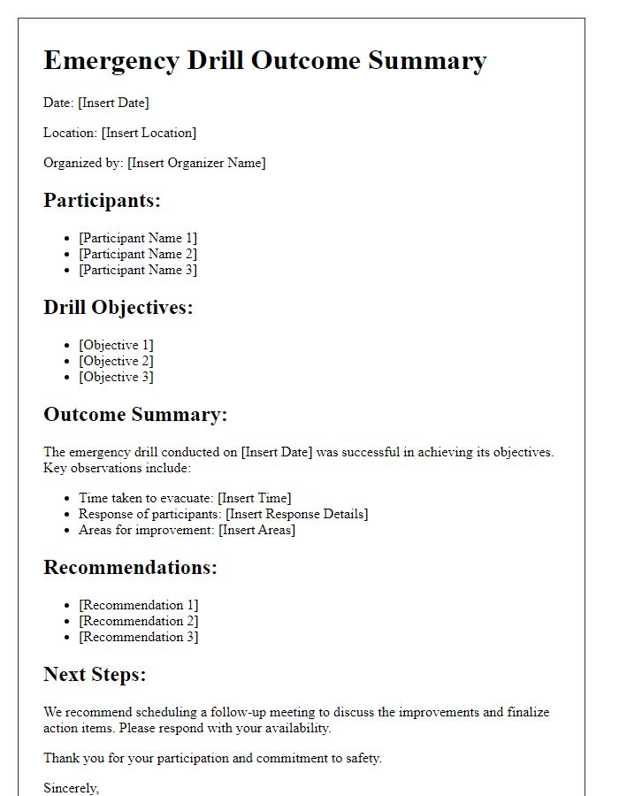 Letter template of emergency drill outcome summary