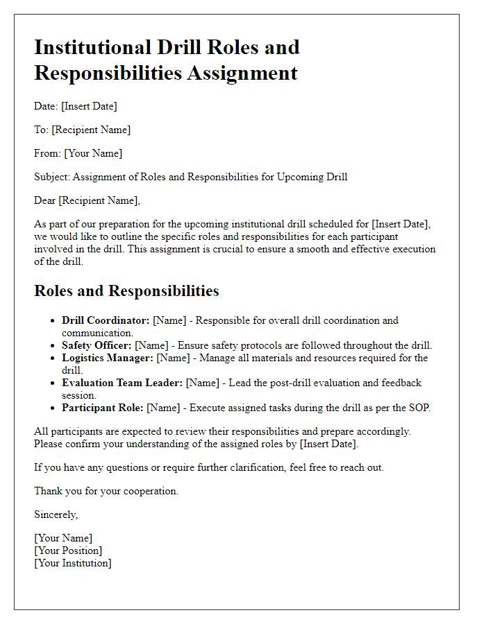 Letter template of institutional drill roles and responsibilities assignment