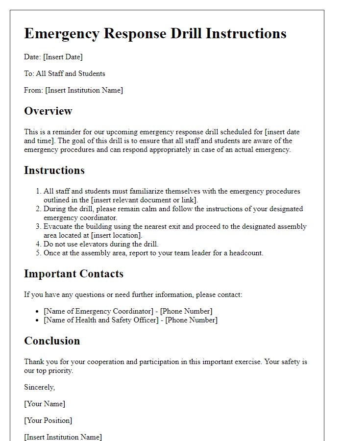 Letter template of institutional emergency response drill instructions