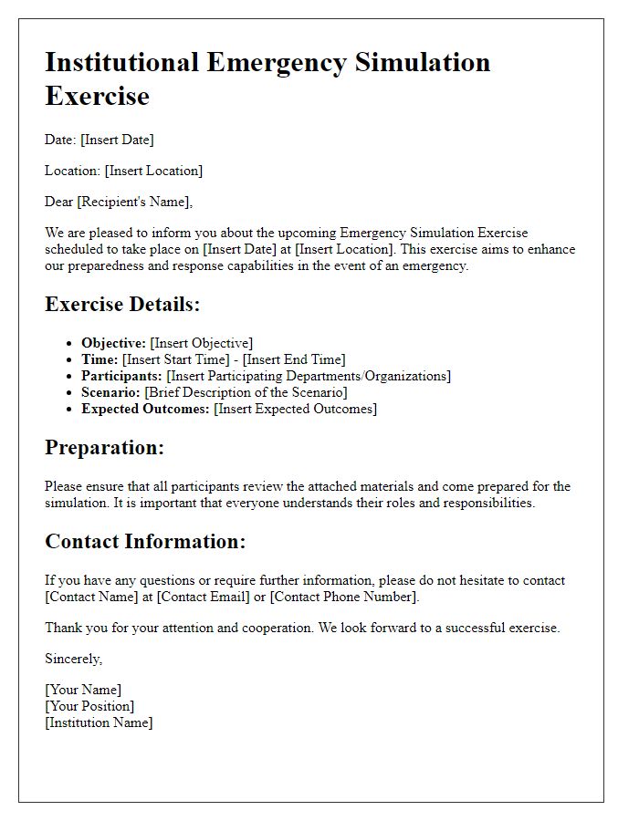 Letter template of institutional emergency simulation exercise details