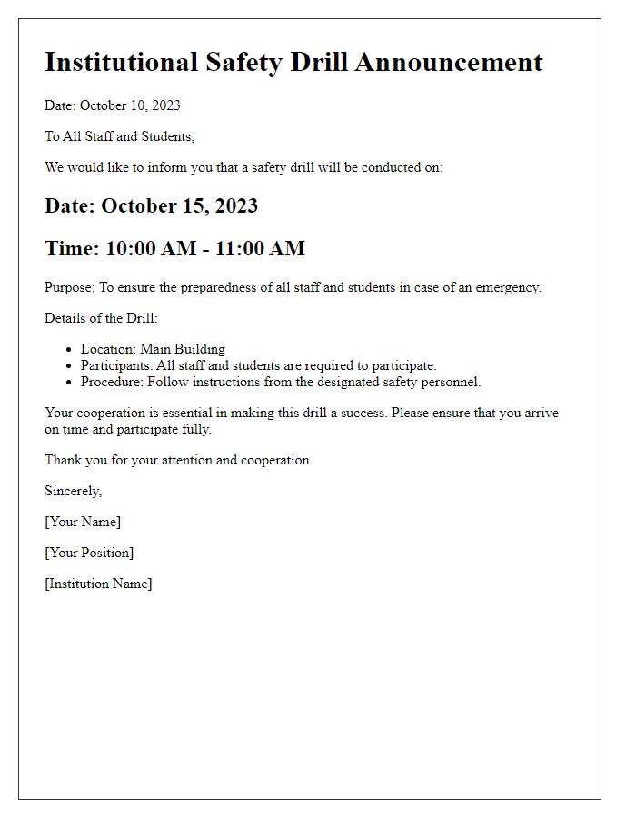 Letter template of institutional safety drill schedule announcement