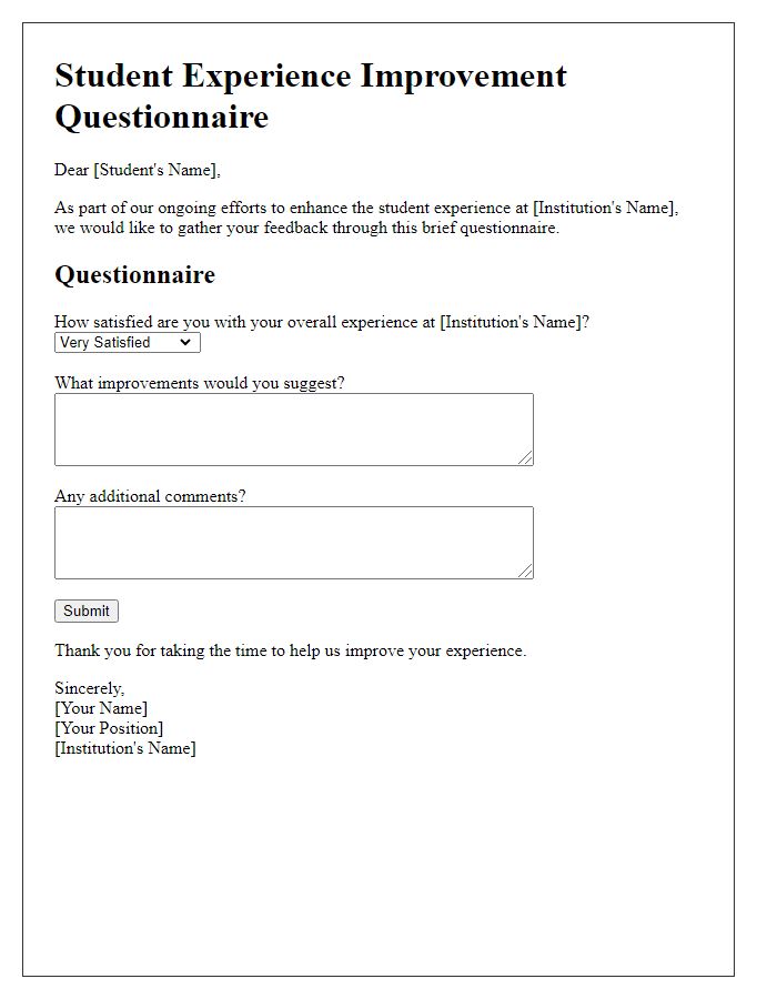 Letter template of Student Experience Improvement Questionnaire