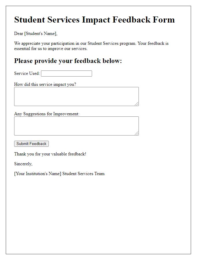 Letter template of Student Services Impact Feedback Form