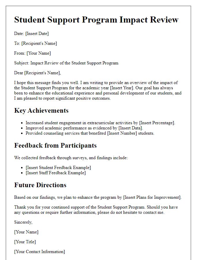 Letter template of Student Support Program Impact Review