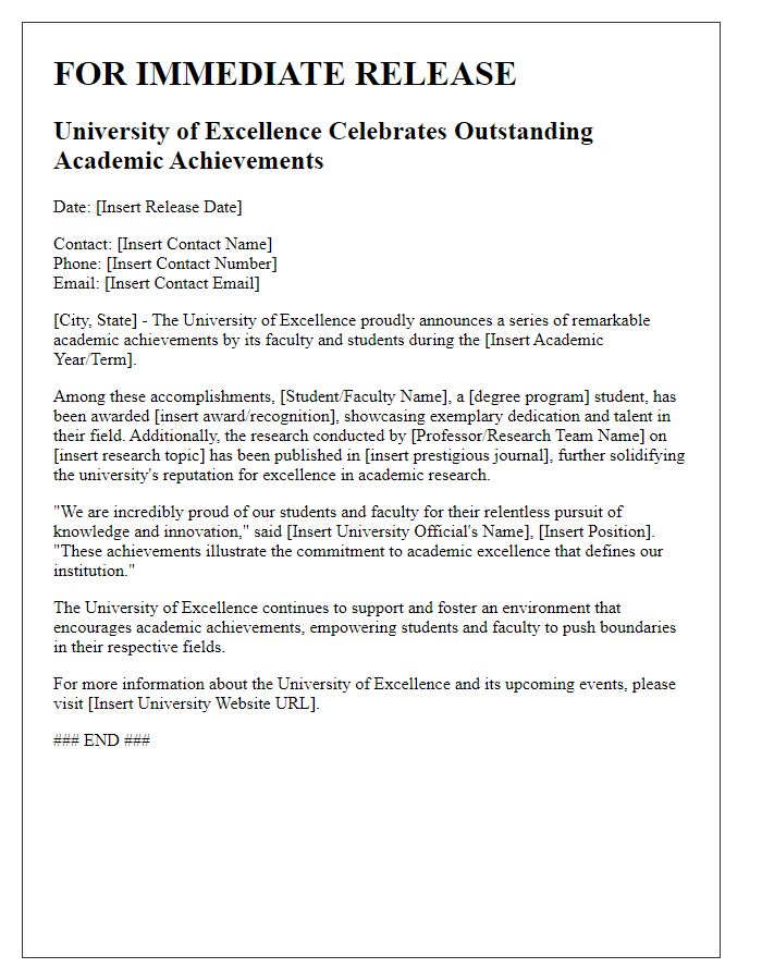 Letter template of university press release for academic achievements.