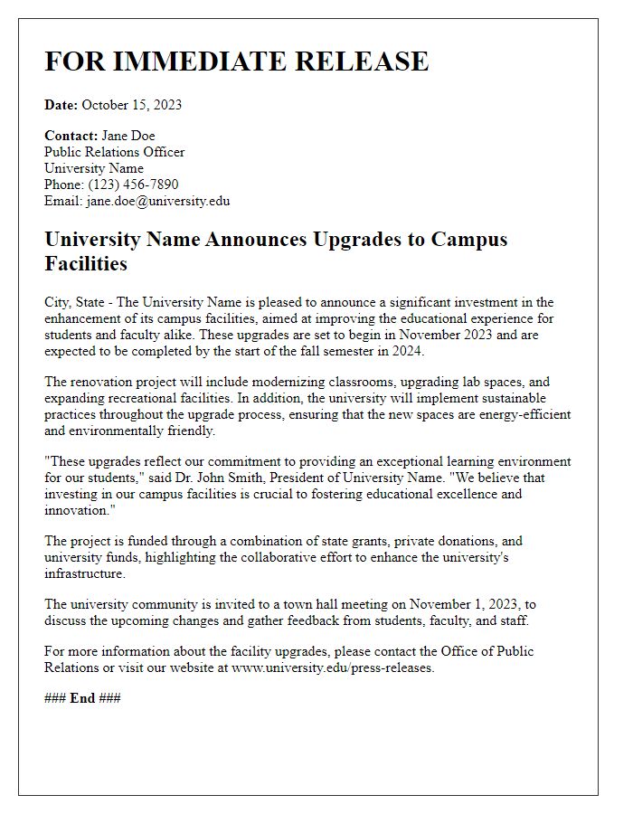 Letter template of university press release for campus facility upgrades.