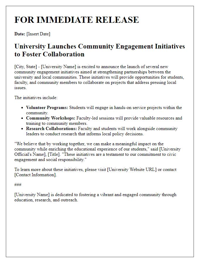 Letter template of university press release for community engagement initiatives.