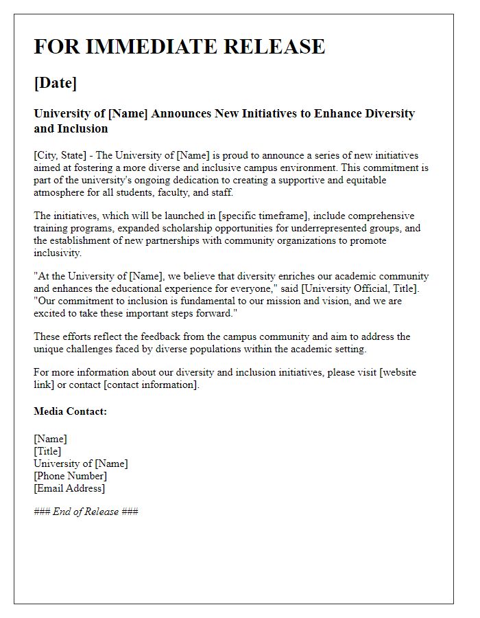 Letter template of university press release for diversity and inclusion efforts.