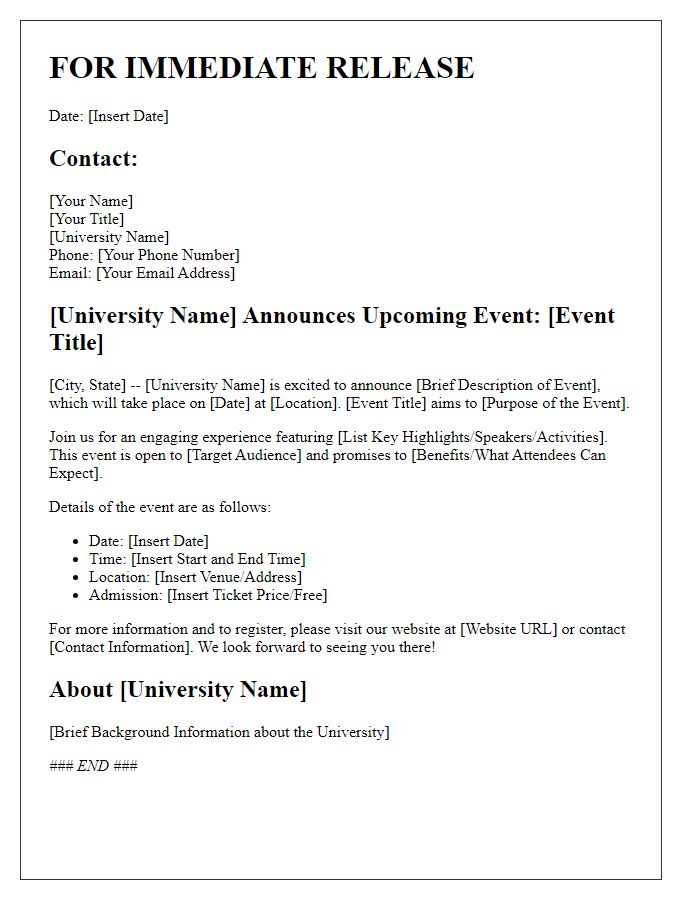 Letter template of university press release for event promotions.