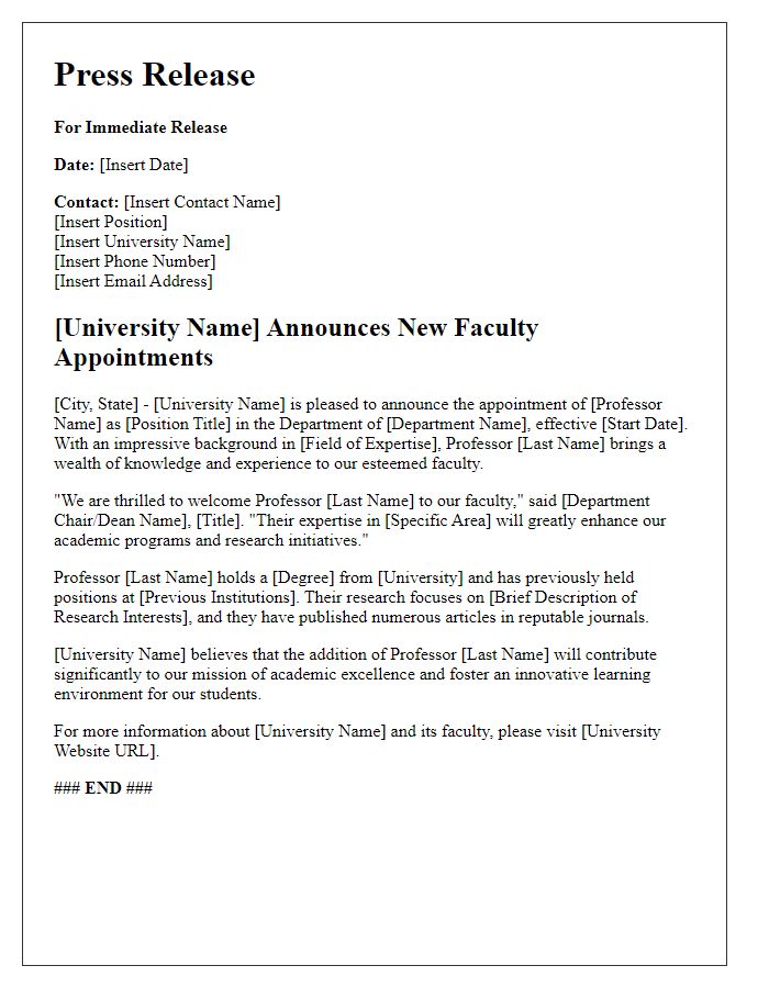 Letter template of university press release for faculty appointments.