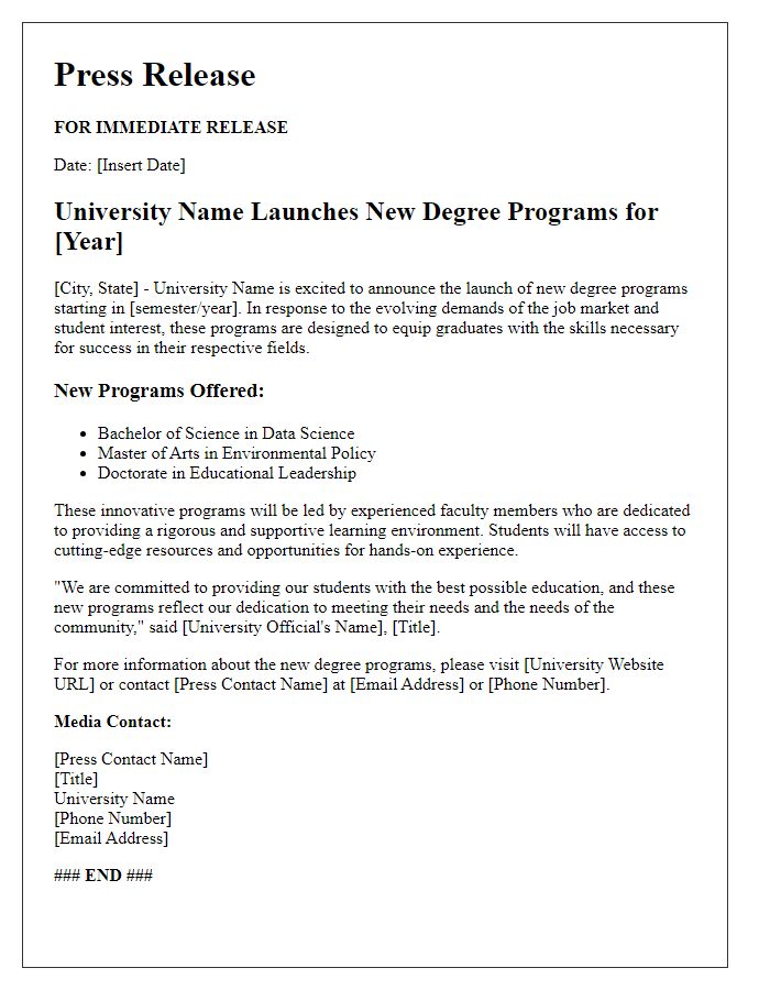 Letter template of university press release for new degree programs.