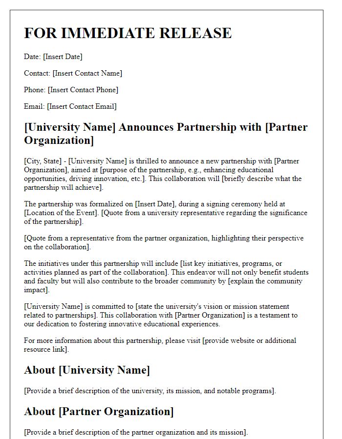 Letter template of university press release for partnerships and collaborations.