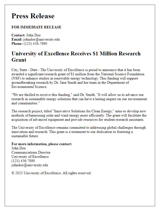 Letter template of university press release for research funding announcements.