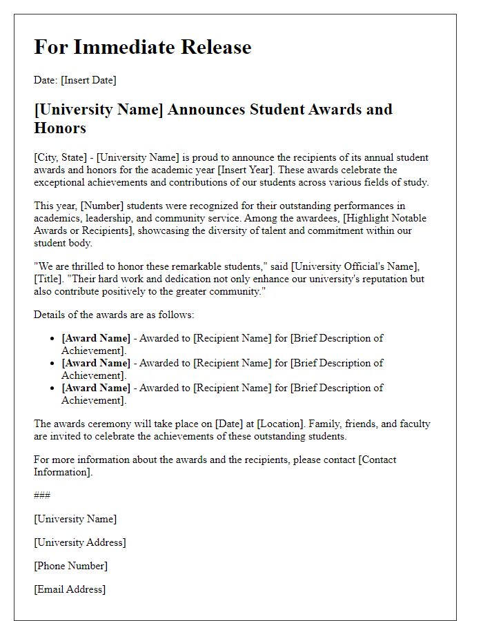 Letter template of university press release for student awards and honors.