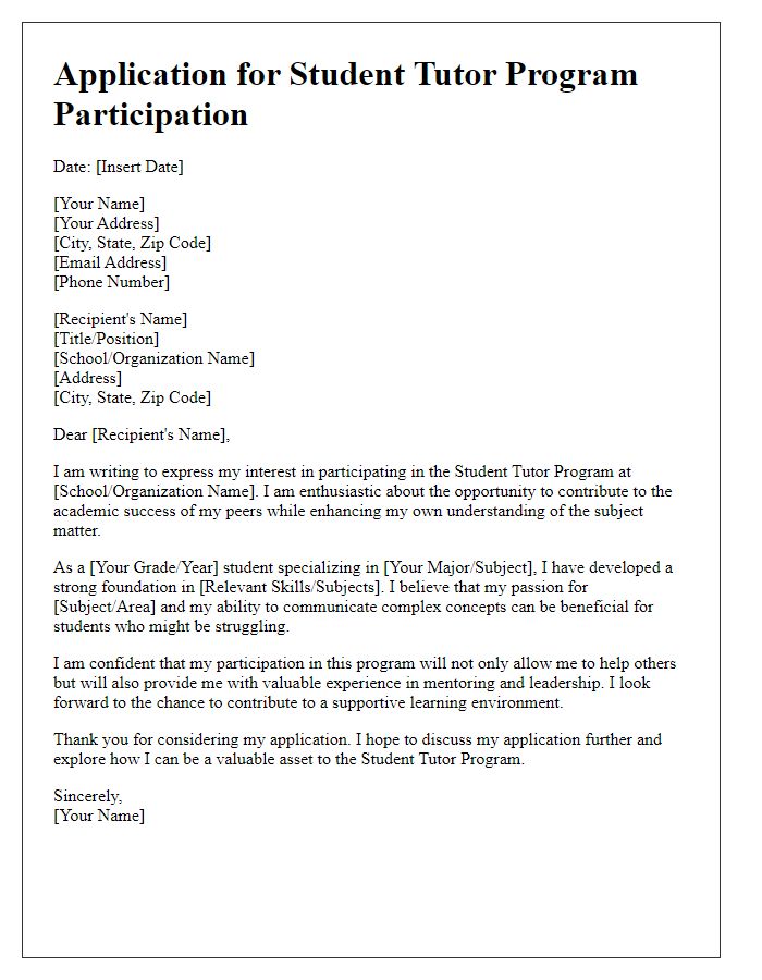 Letter template of application for student tutor program participation