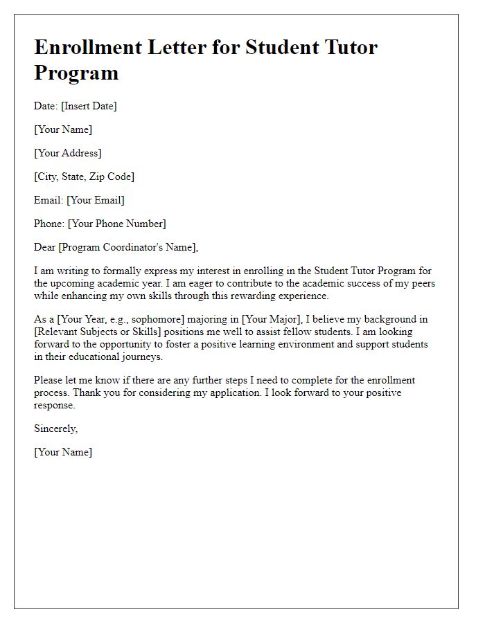 Letter template of enrollment in student tutor program