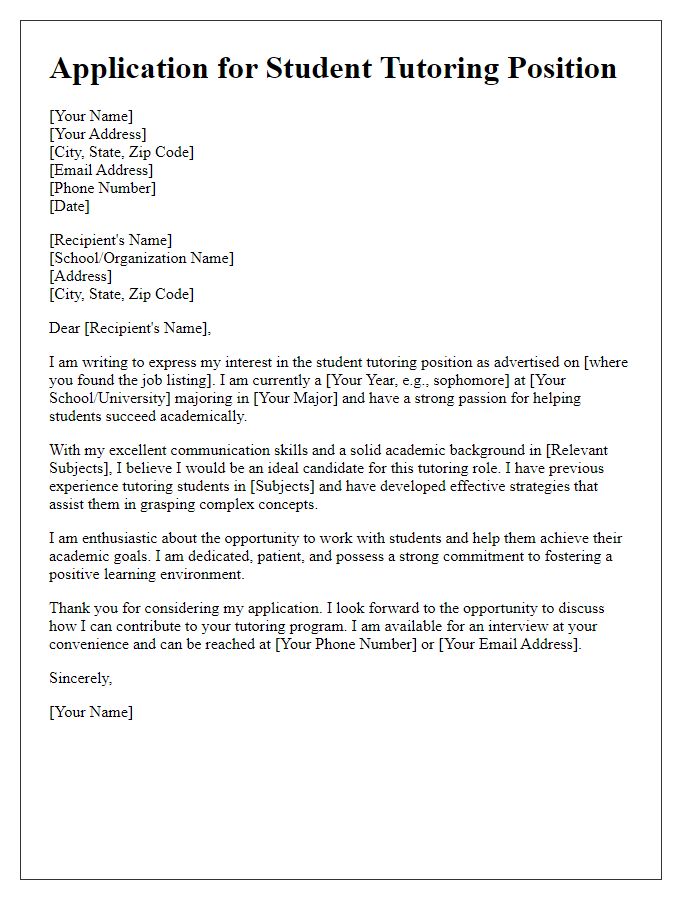 Letter template of formal application for student tutoring position