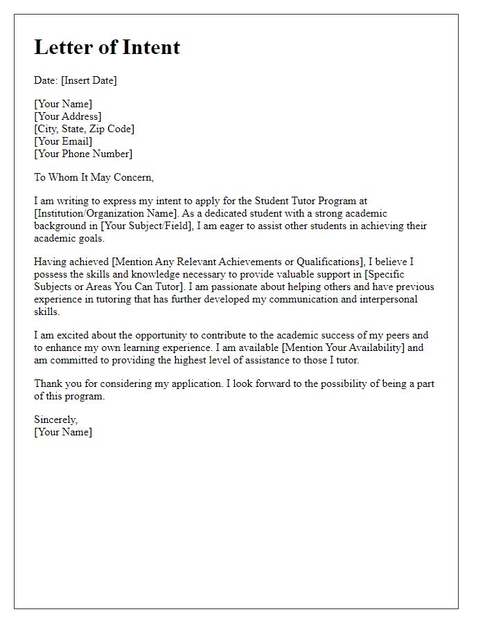 Letter template of intent to apply for student tutor program