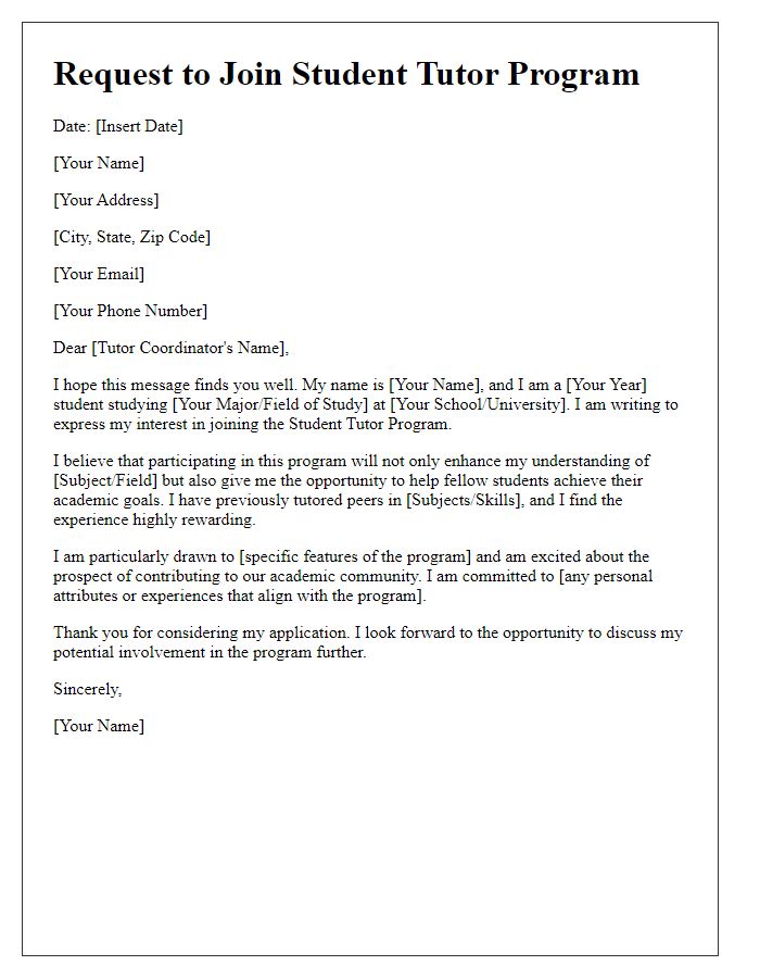 Letter template of request to join student tutor program