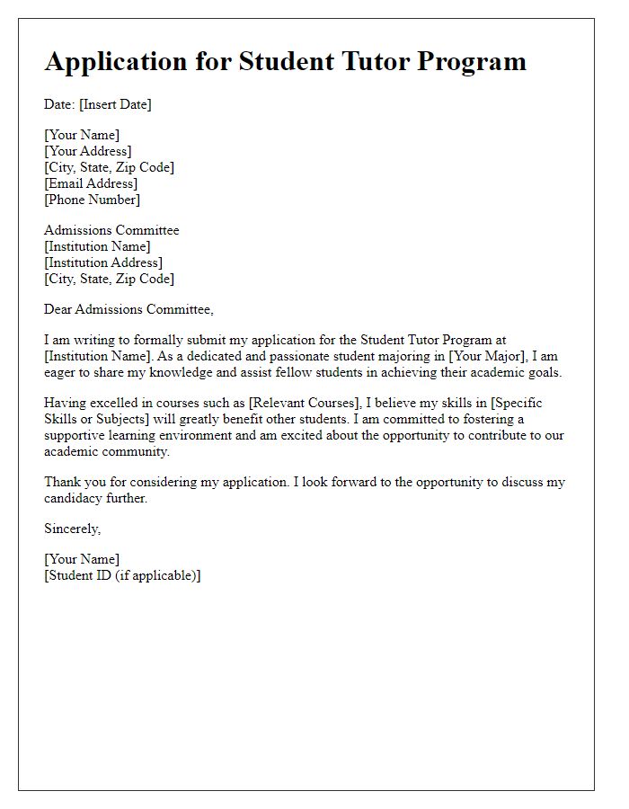 Letter template of submission for student tutor program application