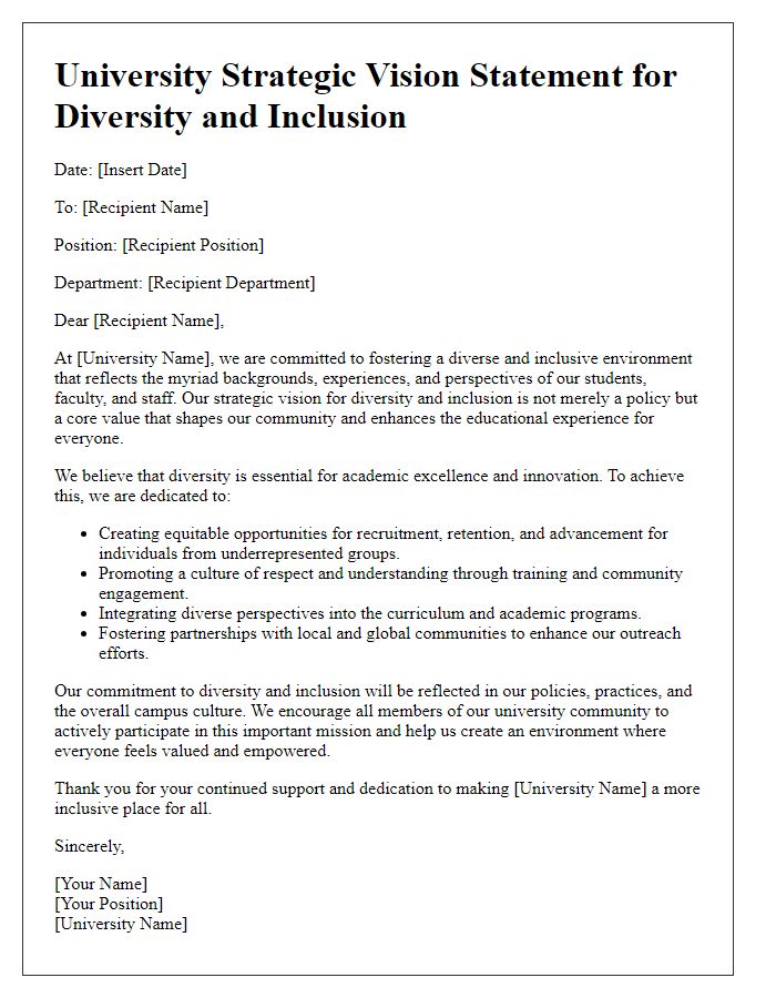 Letter template of university strategic vision statement for diversity and inclusion.