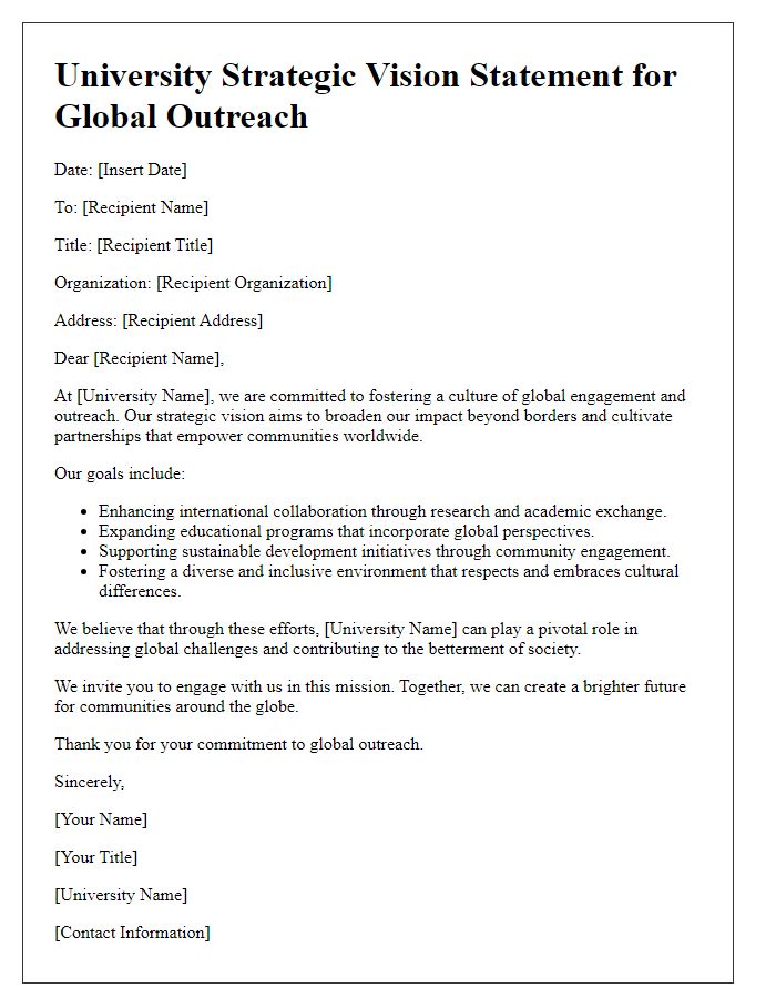 Letter template of university strategic vision statement for global outreach.