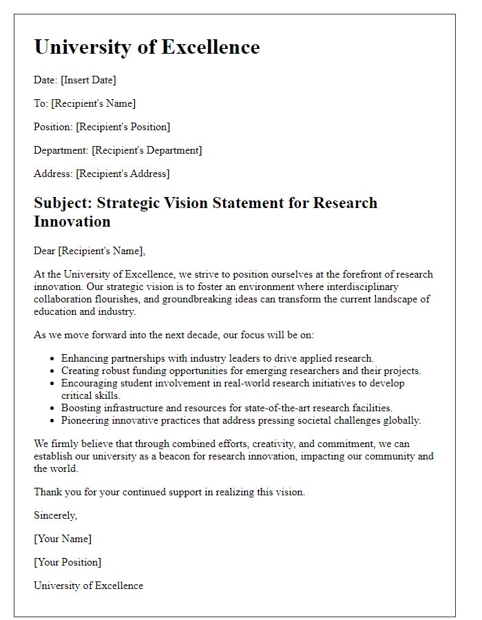 Letter template of university strategic vision statement for research innovation.